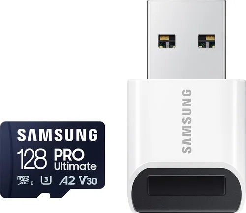 Samsung PRO Ultimate - Tarjeta de memoria microSD y lector, 128 GB microSDXC, hasta 200 MB/s, 4K UHD, UHS-I, Clase 10, U3, V30, A2 para GoPRO Action