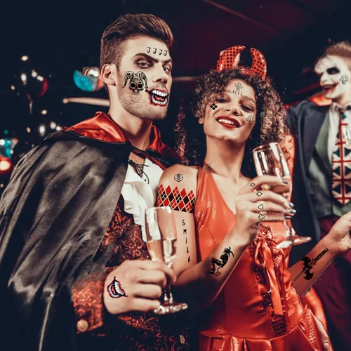 Miniatura 7 de 23 hojas de tatuajes de bromista de Halloween para hombres, mujeres y adultos, tatuajes temporales falsos de cara de Halloween, serpiente