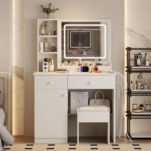 Miniatura 13 de Runboll - Tocador con espejo LED y luces, mesa de maquillaje con taburete acolchado, juego de tocador con 4 cajones, 3 estantes para dormitorio