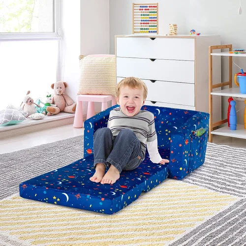 Miniatura 5 de Costzon Sofá para niños, sofá infantil abierto 2 en 1 con tela de terciopelo, bolsillos de almacenamiento, reposabrazos para niños pequeños, cama