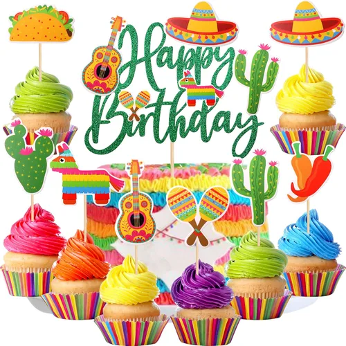 Miniatura 11 de 32 piezas de decoración para cupcakes de fiesta mexicana montados con cactus, burro, maraca, sombrero, guitarra, magdalenas, temática de fiesta