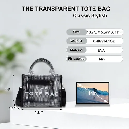 Miniatura 3 de Bolsa transparente para mujer, bolsa cruzada transparente para el almuerzo, bolsa de playa de malla grande para deportes, viajes, estadio Negro
