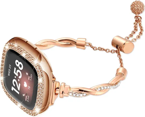 Miniatura 5 de Correa de reloj brillante compatible con Fitbit Versa 4/Fitbit Sense 2 para mujer, correa ajustable de aleación de cristal con diamantes