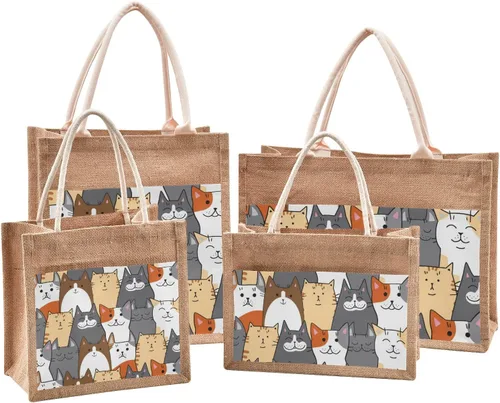 Miniatura 6 de CaTaKu Divertida bolsa de yute con asas y cremallera para gatos, bolsa de arpillera reutilizable con bolsillo frontal de lona, regalo para bodas, 12