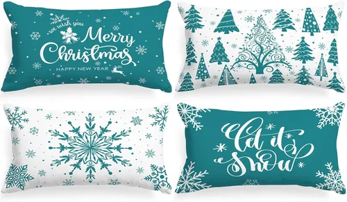 Miniatura 21 de Lanpn Fundas de Almohada Decorativas de Navidad 16x16 4 piezas, Negro Blanco Feliz Navidad Navidad Invierno Copo de Nieve Decorativas Vacaciones
