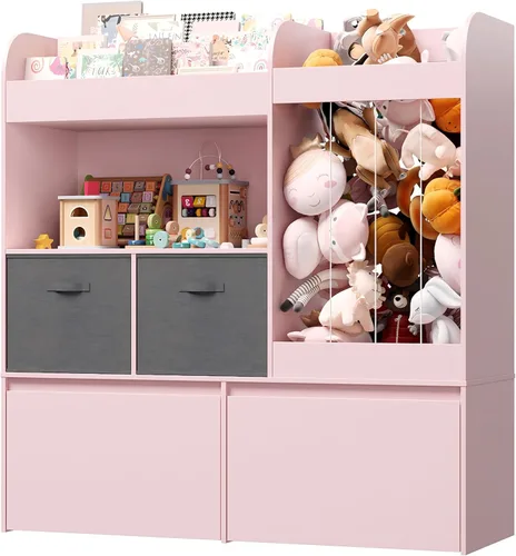 Miniatura 9 de Estantería para niños, almacenamiento de animales de peluche con tapete de juego, organizador de almacenamiento de juguetes de madera con 2 cajones