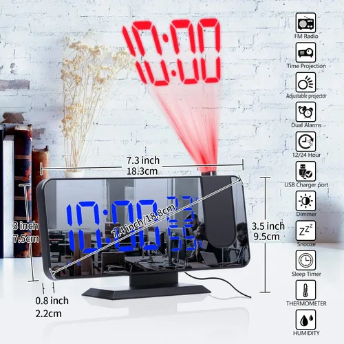 Miniatura 7 de ThreeH Reloj despertador de proyección Radio Digital Reloj despertador 4 atenuadores y 180° giratorio y 2 sonidos 7.4 '' Pantalla de espejo grande