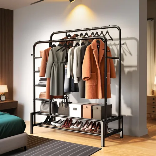 Miniatura 6 de Perchero de ropa de doble barra con 2 estantes inferiores y 4 estantes laterales, perchero de metal para colgar ropa, perchero resistente para Negro