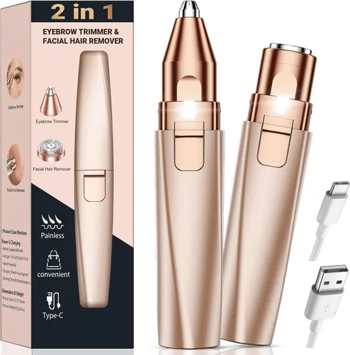 Depiladora y Recortador de Cejas para Mujeres: Afeitadora Facial Recargable 2 en 1 y Navaja para Cejas - Dispositivo Eléctrico Indoloro para Depilar
