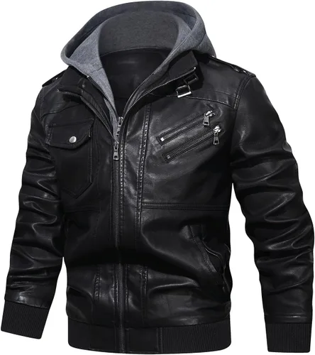 Miniatura 2 de Hood Crew - Chaqueta bomber para hombre, casual, con cuello alto, cazadora de moto, de piel sintética de poliuretano, con cremallera y capucha Negro