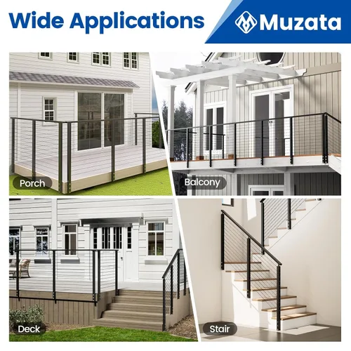 Miniatura 9 de Muzata Kit de barandilla de cable modular negro de 5 a 10 pies de 42 pulgadas, kit de poste de 2 niveles de 42 pulgadas, sistema completo