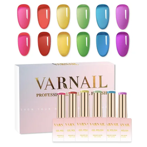 Miniatura 16 de VARNAIL Rainbow Candy Jelly - Kit de esmalte de uñas de gel de 6 colores y capa base de regalo, kit de esmalte de gel transparente arcoíris