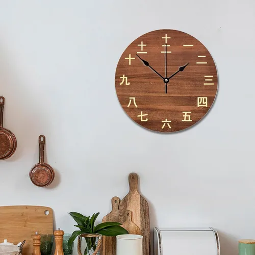 Miniatura 3 de Reloj de pared con números Kanji vintage, estilo rústico, elegante, de madera, 10 silenciosos, sin tictac, de cuarzo, funciona con pilas, para sala