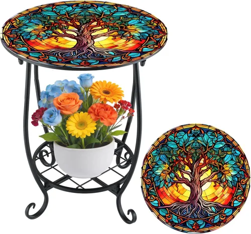 Miniatura 38 de Cinnvoice Mesa auxiliar redonda para exteriores, mosaico pequeño, decoración de patio, planta interior, mesa de té para patio, porche, jardín, sala