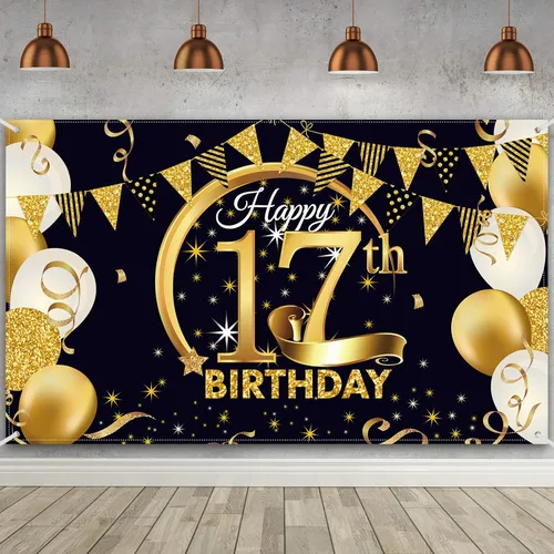 Miniatura 18 de Decoración de fiesta de cumpleaños número 15, cartel póster de tela extra grande negro y dorado para telón de fondo de cabina de fotos