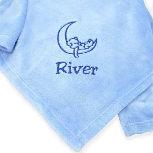Manta de bebé azul suave - Personalizada con nombre del bebé y linda luna y oso