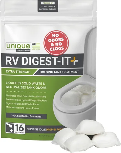 Unique RV Digest-It+ Cápsula de Tratamiento para Inodoro de Autocaravana Extra Fuerte - Licúa los Desechos y Todas las Marcas de Papel Higiénico -