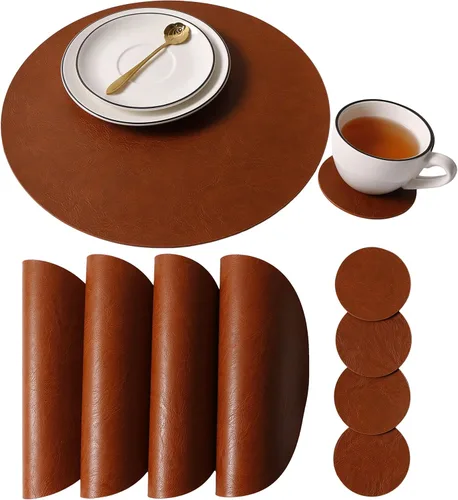 Miniatura 48 de Jovono - Juego de manteles individuales y portavasos redondos: 4 manteles y 4 portavasos de piel sintética de doble costura; diámetro de mantel de D