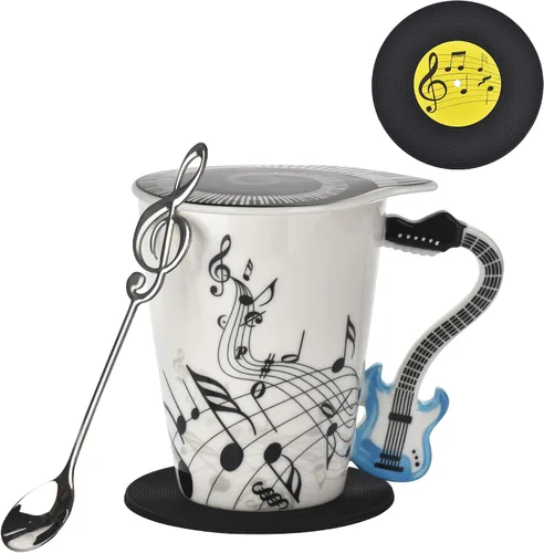 Miniatura 12 de Taza de café de guitarra de 12.9 oz con diseño de notas musicales con tapa temática de música y cuchara y posavasos, regalos para guitarristas