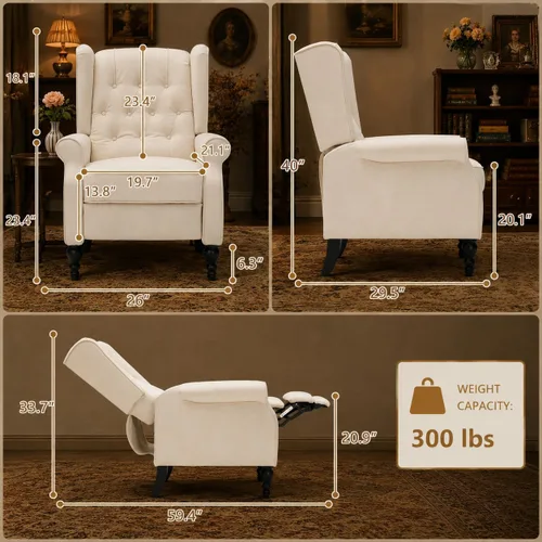 Miniatura 2 de Silla reclinable de ala de mediados de siglo para adultos, sillas reclinables modernas de tela de lino con respaldo acolchado con botones y Beige