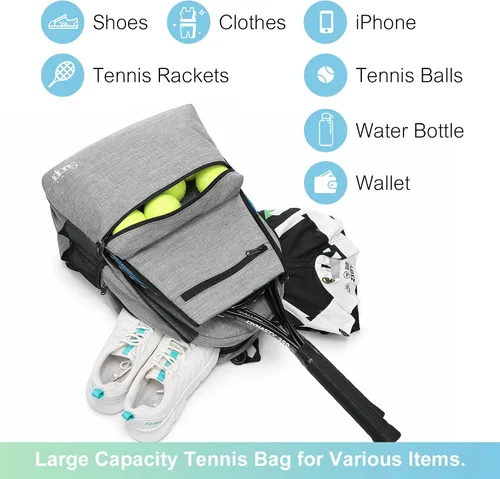 Miniatura 5 de Sucipi Bolsa de Tenis Profesional Mochila de Tenis para Hombres y Mujeres Bolsas de Raqueta con Capacidad para 2 Raquetas con Compartimento Gris