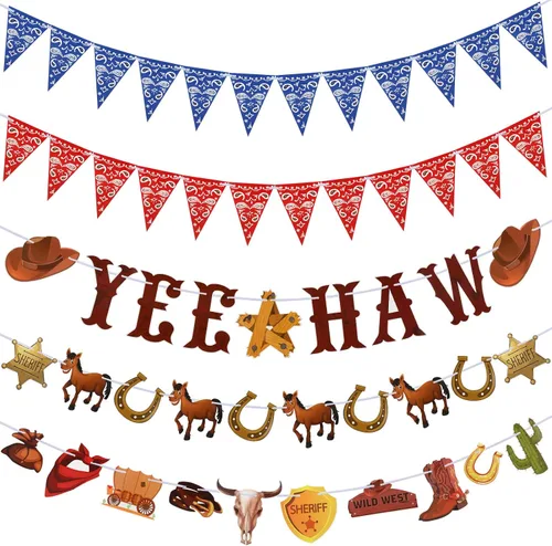 Sinmoe 5 unidades de decoraciones de fiesta occidental de Yee Haw vaquero banderines del salvaje oeste banderín banderines colgantes para vaquero