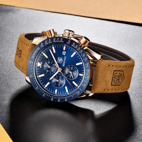 Miniatura 3 de BENYAR - Relojes para hombre, cronógrafo de cuarzo, marca de lujo, impermeable, relojes de pulsera de cuero marrón a la moda para hombres