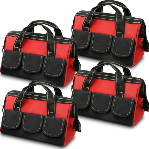 Bolsa de Herramientas de 4 Piezas con Base Moldeada Fuerte Resistente al Agua, Múltiples Bolsillos, Bolsa de Herramientas de Boca Ancha Rojo