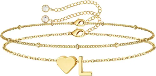 Miniatura 34 de M MOOHAM Pulseras de oro con inicial de corazón para mujer, pulseras con dije de letra A-Z de corazón dorado en capas para mujer, pulseras