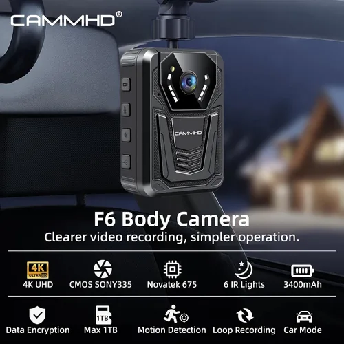 Miniatura 9 de CAMMHD Cámara corporal F6 1TB 4K, trabajo de 12 a 14 horas y visión nocturna ultra, cámaras corporales impermeables con grabación de audio y video