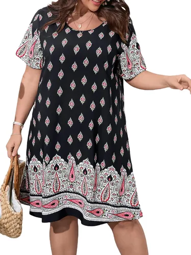 OYOANGLE Vestido tipo túnica acampanado con estampado floral de manga corta y cuello redondo para mujer