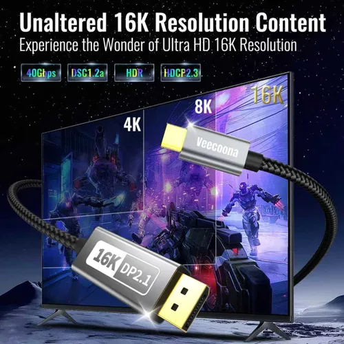 Miniatura 2 de Cable USB-C a DisplayPort 2.1 de 3 pies 16K @30Hz 8K a 120Hz 4K @240Hz 40Gbps, cable Thunderbolt 4/3 a DisplayPort 2.1