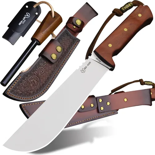 Miniatura 11 de BA-KOR (Survivor III) Cuchillo fijo de 35.5CM (14.2") de acero DC53 con tanga completa de 10mm engrosada + funda de cuero y encendido de cerio