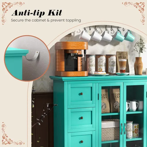 Miniatura 6 de COSTWAY Aparador de buffet, armario de almacenamiento de cocina con 4 cajones, 2 puertas de vidrio templado, mesa de buffet, armario decorativo