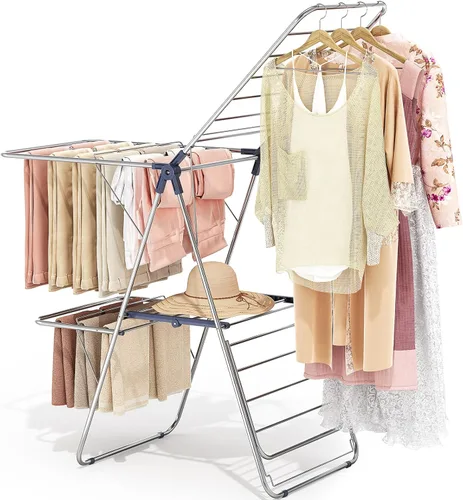 APEXCHASER Estante de Secado de Ropa con 4 Alas, Estante de Secado de Ropa de Acero Inoxidable con Altura Ajustable, Plegable, Estante de Secado de