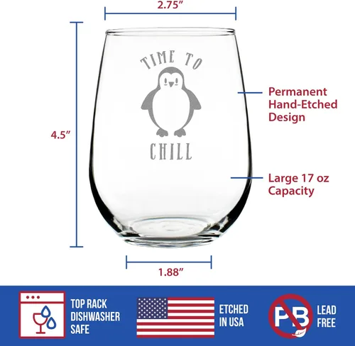 Miniatura 4 de Custom Time to Chill - Personalized Stemless Wine Glass - Funny Penguin Themed Gifts and Decor - Large 17 oz - Customized Wine Glass Gift