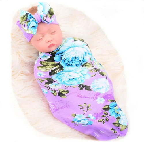 Miniatura 6 de Galabloomer Conjunto de manta receptora para dormir de bebé recién nacido y diadema con lazo, manta para envolver al bebé Morado