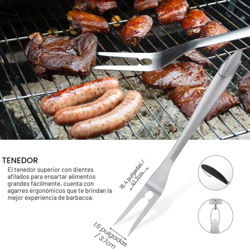 Miniatura 4 de Grilljoy Juego de 8 herramientas resistentes para parrilla BBQ con espátula de acero inoxidable extra gruesa, tenedor, pinzas y cepillo de limpieza