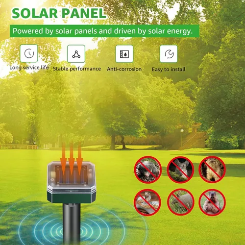 Miniatura 3 de Repelente de topos alimentado por energía solar, impermeable, repelente de ardillas, repelente ultrasónico para exteriores, estacas de vibración