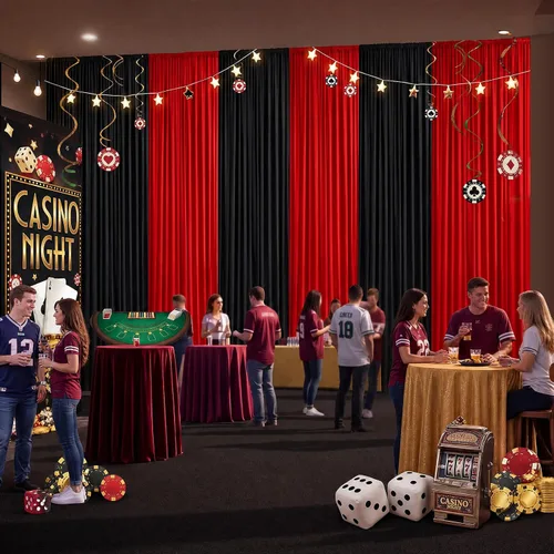 Miniatura 4 de HunnmingRe 6 piezas de decoración de fondo de casino de 2.5 x 10 pies, cortina de fondo de noche de casino negro y rojo para decoración