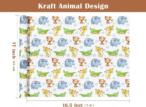 Miniatura 3 de WRAPAHOLIC Rollo de papel de regalo Kraft Animal - Mini Rollo - 17 pulgadas x 16.5 pies - Diseño de mono, elefante y dinosaurio lindos, perfecto