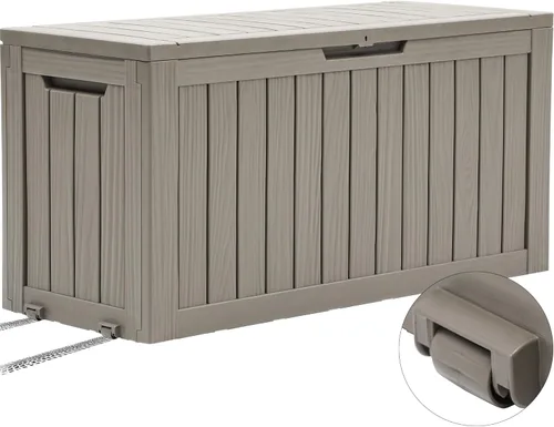 Miniatura 21 de YITAHOME Caja grande de cubierta de 120 galones con parte delantera en forma de X, cajas de almacenamiento de resina para exteriores, banco de Negro