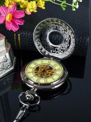 Miniatura 3 de BOSHIYA Mens Vintage Skeleton Pocket Watch Steampunk Windup Half Hunter Mechanism Gear Cover with Chain