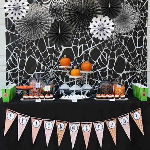 Miniatura 3 de Juego de 6 abanicos de papel para colgar en fiestas, guirnaldas de papel con patrón redondo negro para decoración de cumpleaños, bodas, eventos