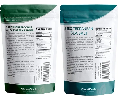 Miniatura 2 de Viva Doria Granos de pimienta verde, pimienta verde entera, esterilizado al vapor, 12 onzas y sal marina mediterránea, grano grueso, 2 libras