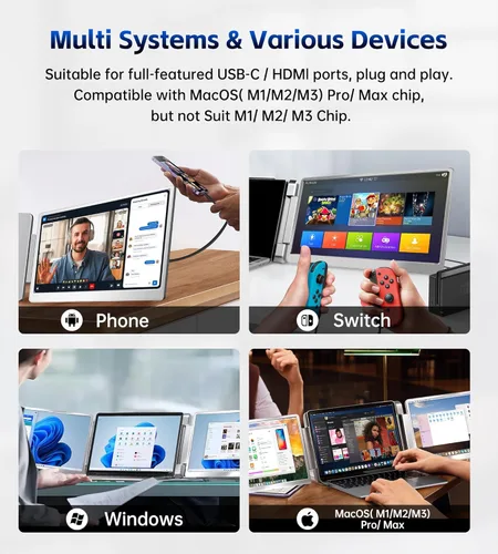 Miniatura 5 de Extensor de Pantalla Triple para Portátil de 15.6, Extensor de Monitor para Portátil con Pantalla Izquierda de Rotación 360°, Monitor Triple Plug