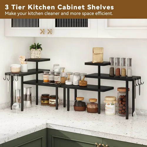 Miniatura 3 de IBUYKE Organizador de encimera, estantes de especias de 3 niveles, estante de esquina de encimera de cocina, 4 ganchos laterales, estante ajustable