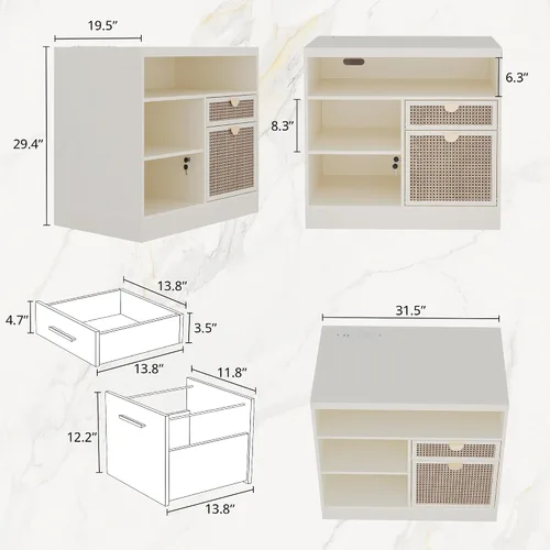 Miniatura 2 de ModernMate Archivador lateral de 2 cajones, archivador de madera para oficina en casa con cerradura, tira de alimentación y estantes