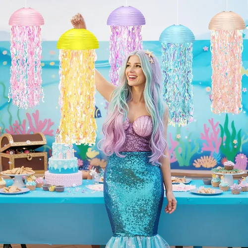 Miniatura 2 de Baquler Juego de 12 linternas de papel de medusas de 10 pulgadas, linternas semicírculas de sirena, decoración colgante para aula, baby shower, bajo