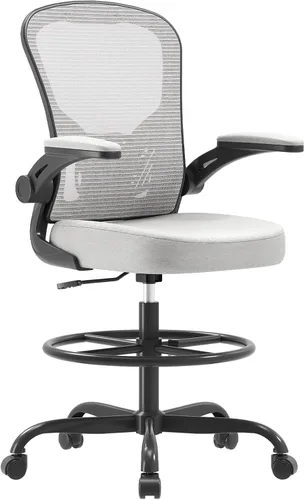Miniatura 12 de Silla de Dibujo Ergonómica, Silla de Oficina Alta con Reposabrazos Abatibles, Silla de Escritorio Alta de Malla Transpirable con Soporte Lumbar